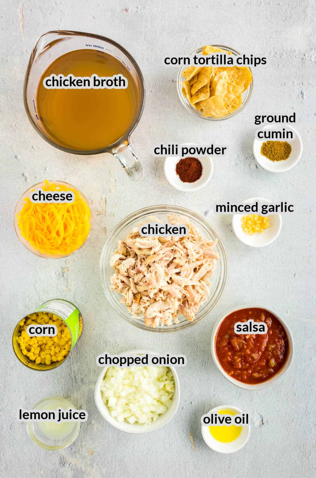 Overhead Image of Chicken Tortilla Soup Ingredients