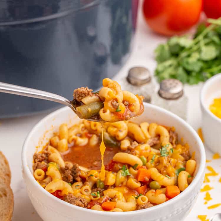 Hamburger Tomato Macaroni Soup Recipe in Bowl Ready to Enjoy