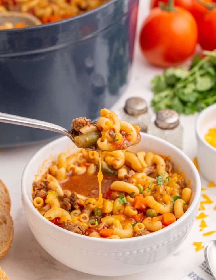 Hamburger Tomato Macaroni Soup Recipe in Bowl Ready to Enjoy