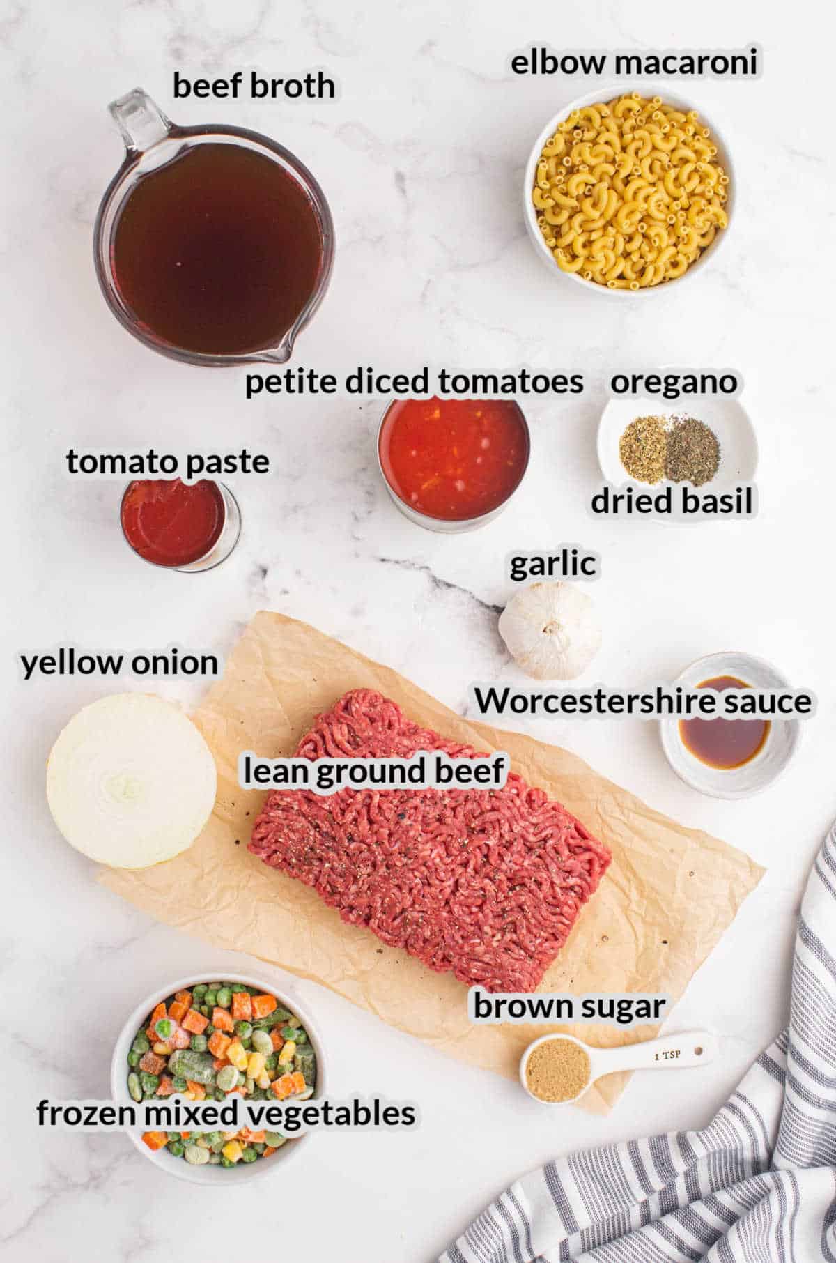 Overhead Image of Hamburger Macaroni Recipe Ingredients