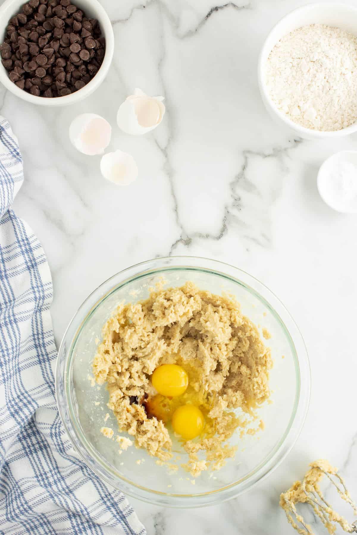 Mixing Butter, Sugars, and Eggs for the Best Oatmeal Chocolate Chip Cookies