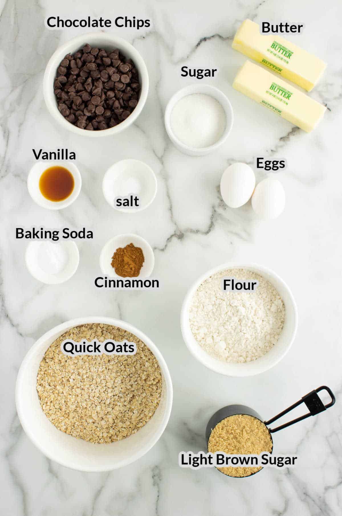 Overhead Image of Oatmeal Chocolate Chip Cookies Ingredients