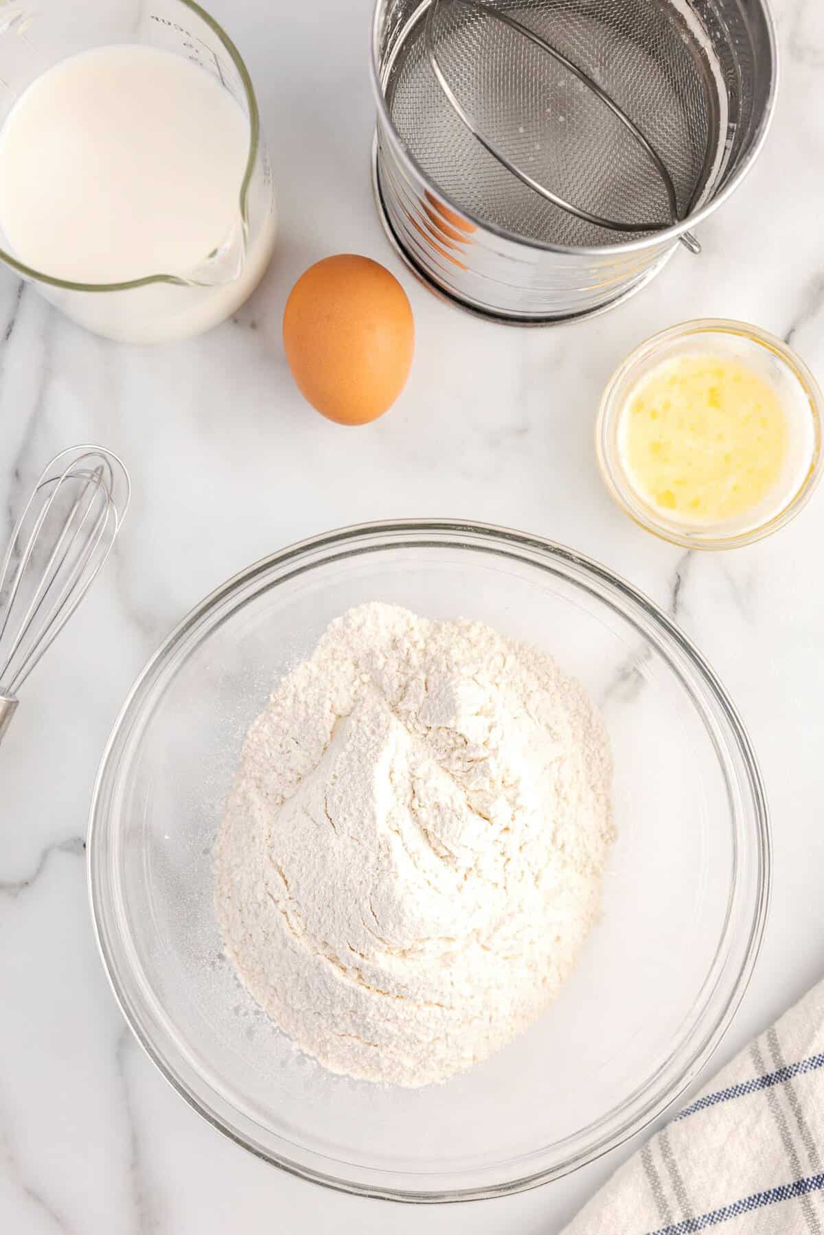 Sifted Dry Ingredients in Bowl for Mini Pancake Recipe