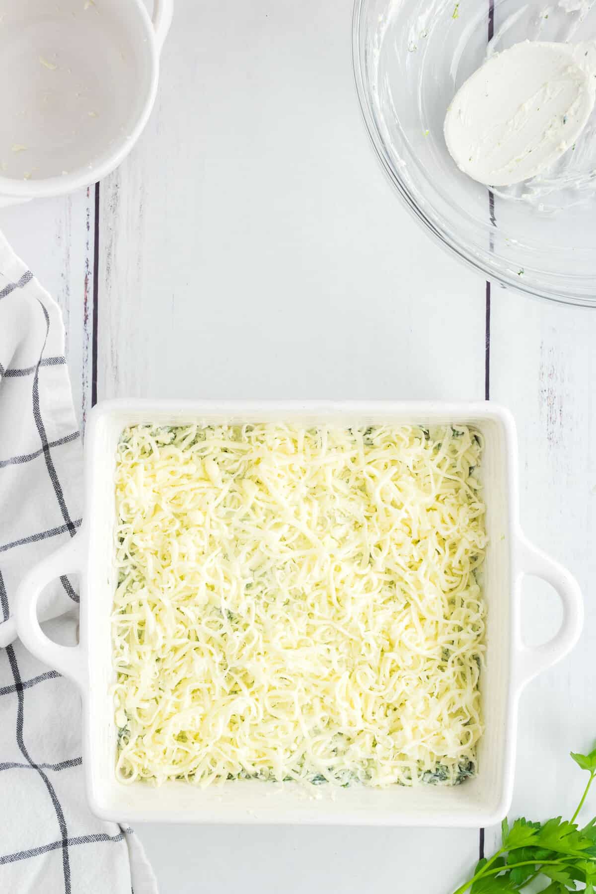 Topping Mixture with Cheese in Baking Dish for Hot Spinach Dip