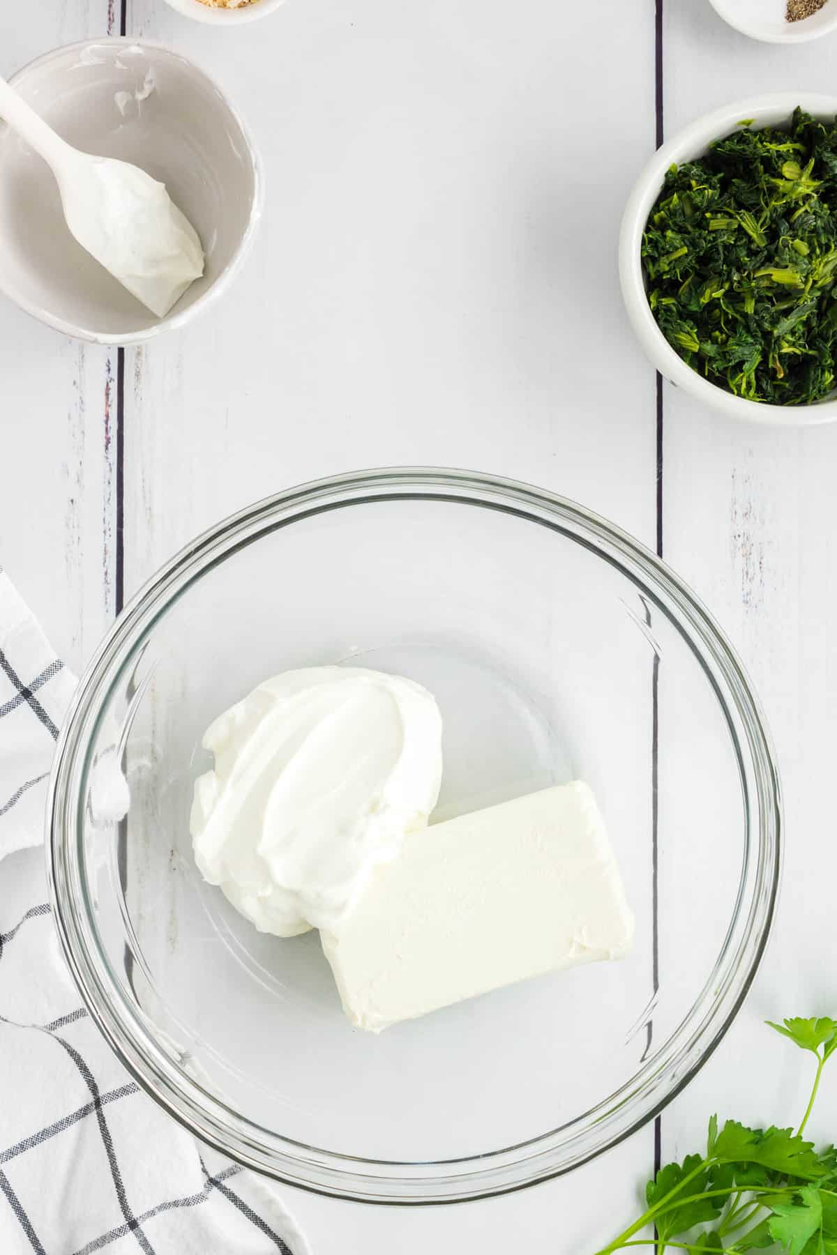 Cream Cheese & Sour Cream in Mixing Bowl for Sprinach Dip Recipe