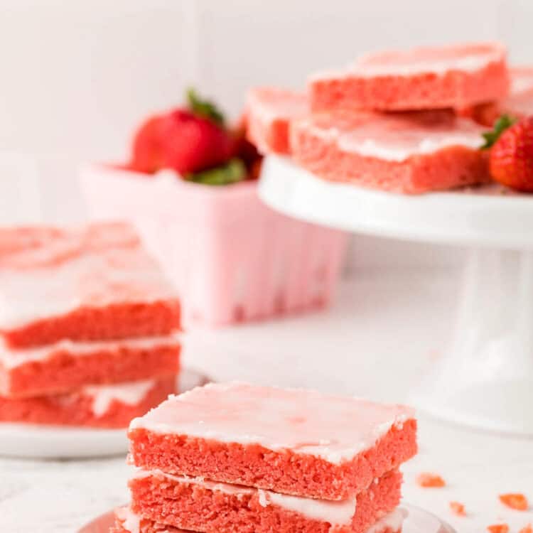 Strawberry Brownies Recipe on Pedestal and Plated Ready to Enjoy