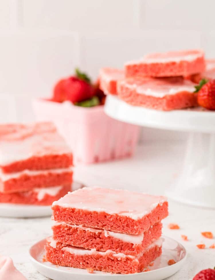 Strawberry Brownies Recipe on Pedestal and Plated Ready to Enjoy