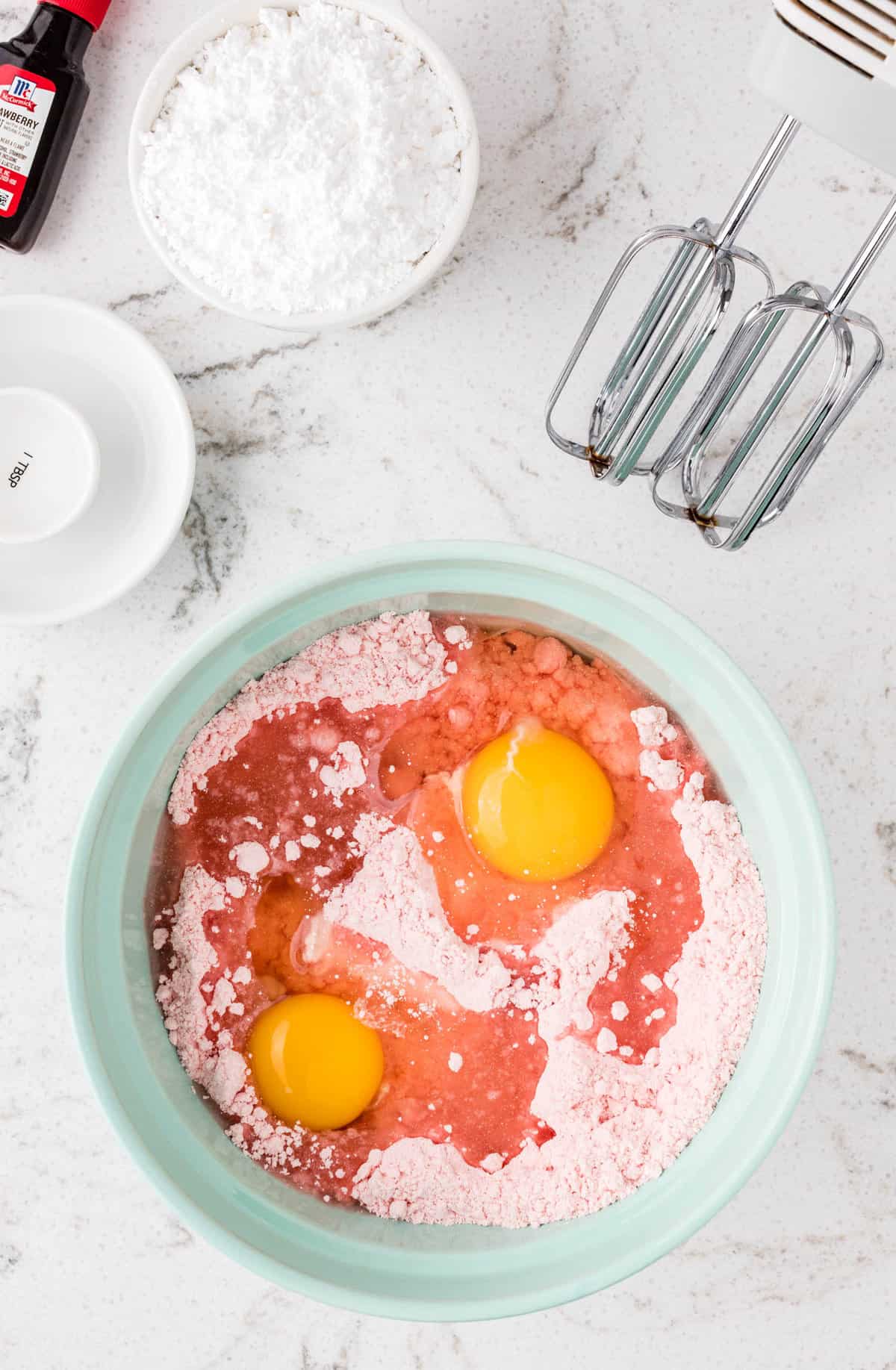 Ingredients for Strawberry Brownies in Bowl Ready to Mix