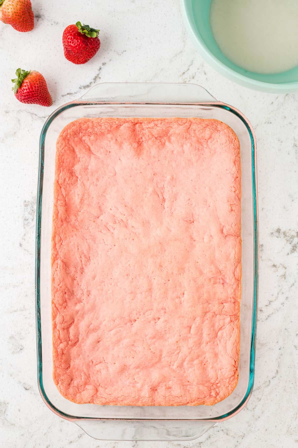 Strawberry Brownie Recipe Baked to a Golden Brown in Baking Dish