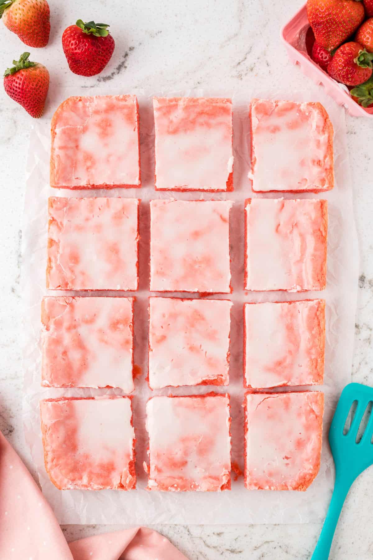 Strawberry Brownie Squares Cut and Ready to Enjoy