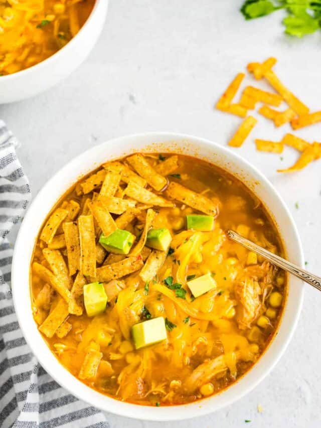 Overhead image of Chicken Tortilla Soup with spoon