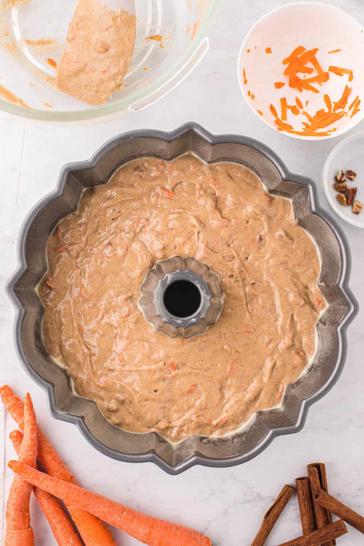 Carrot Bundt Cake in Bundt Pan Reeady for Baking