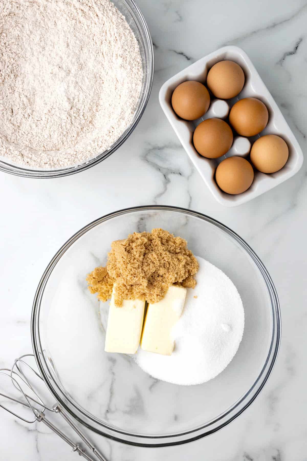 Sugars and Butter in Mixing Bowl for Carrot Cake Cookies