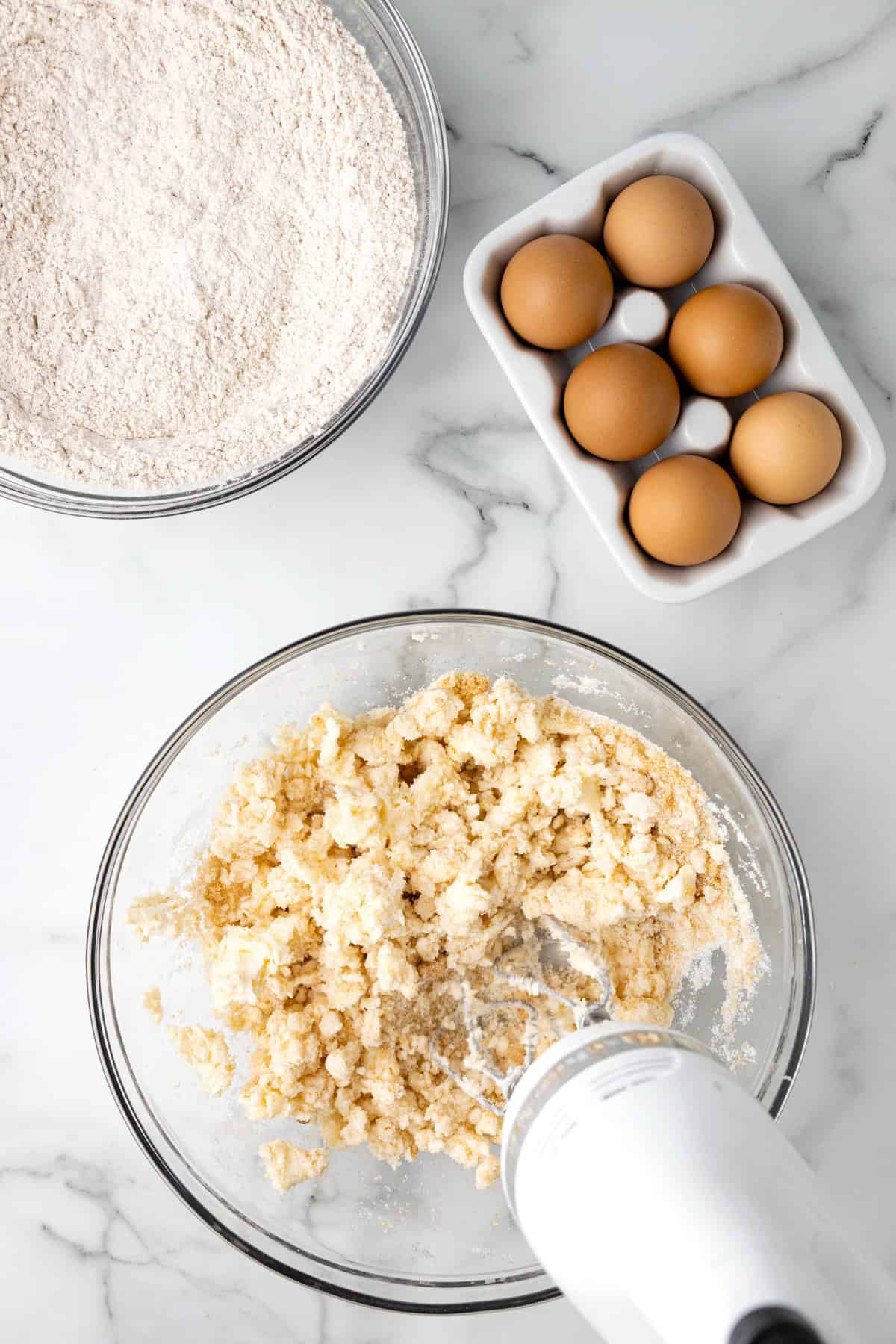 Blending Sugars and Butter in Mixing Bowl for Carrot Cake Cookies