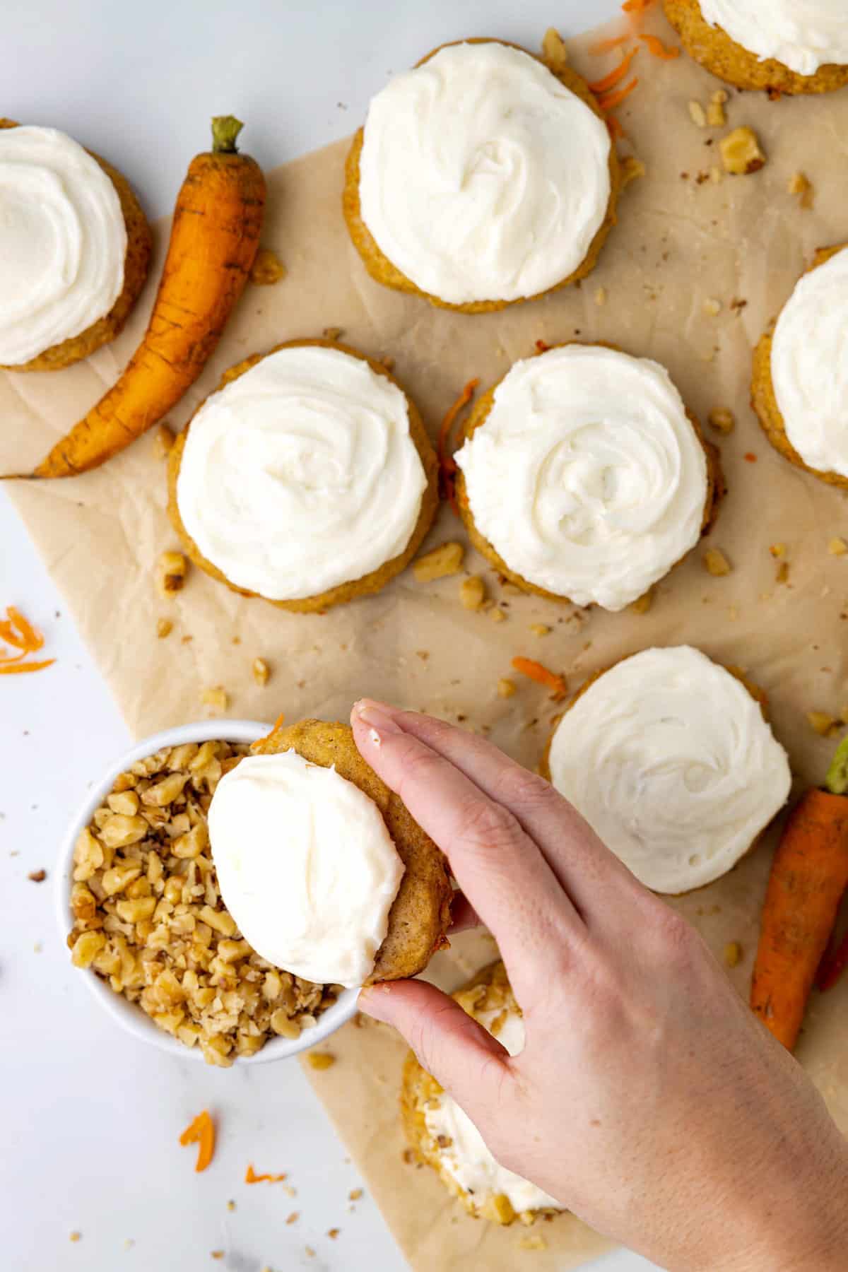 Adding Toasted Walnuts to Cookie Edge for Carrot Cake Cookies