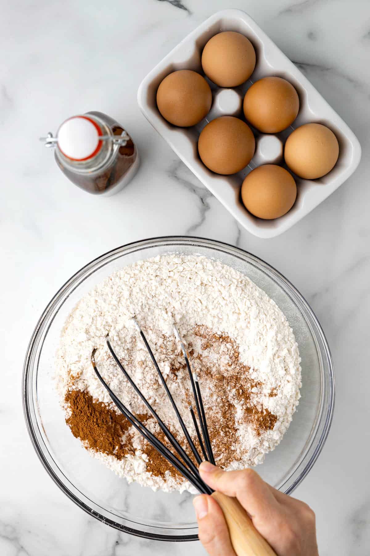 Whisking Dry Ingredients in Glass Bowl for Carrot Cake Cookies