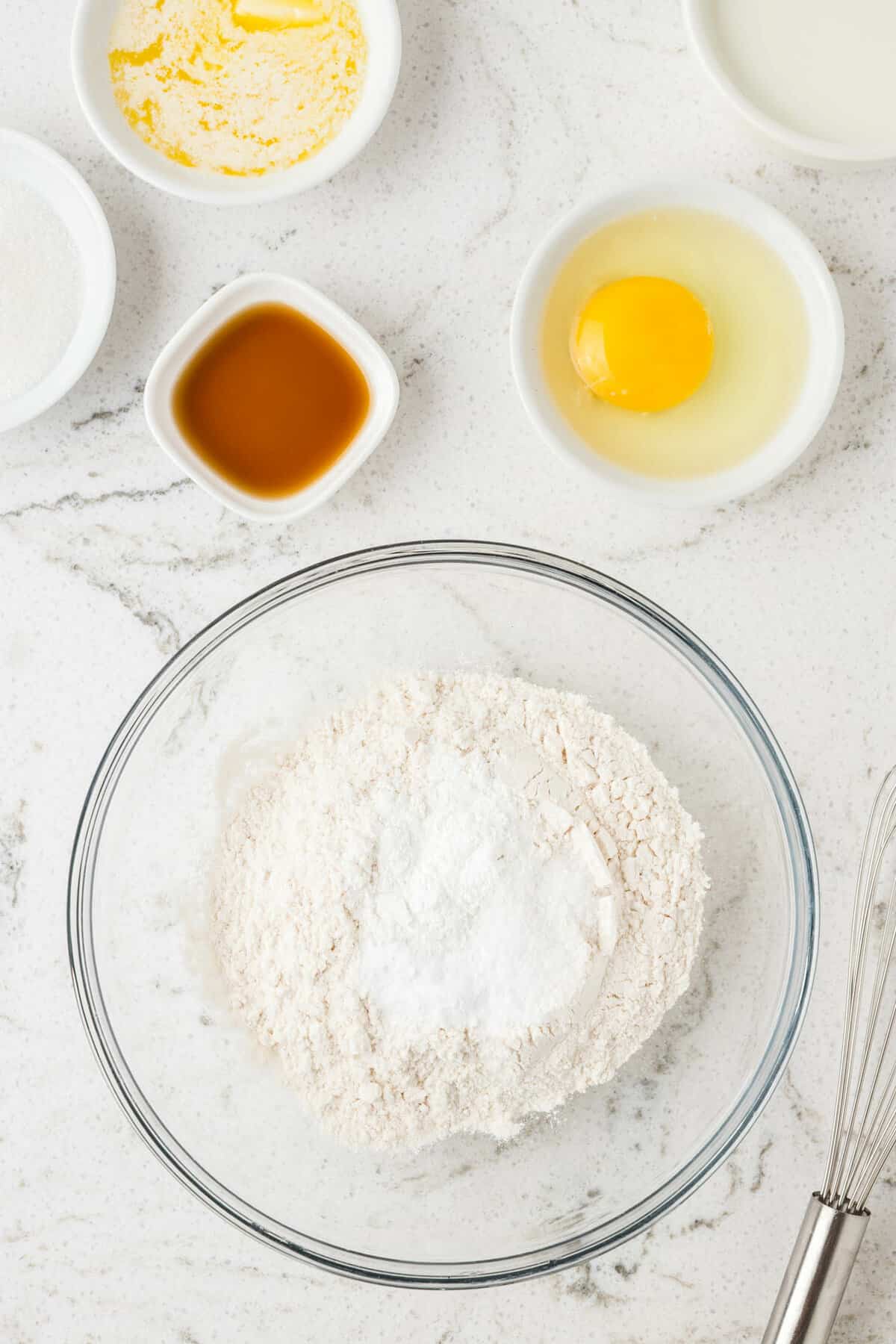 Dry Ingredients for Cinnamon Roll Pancake Recipe Measured into Bowl