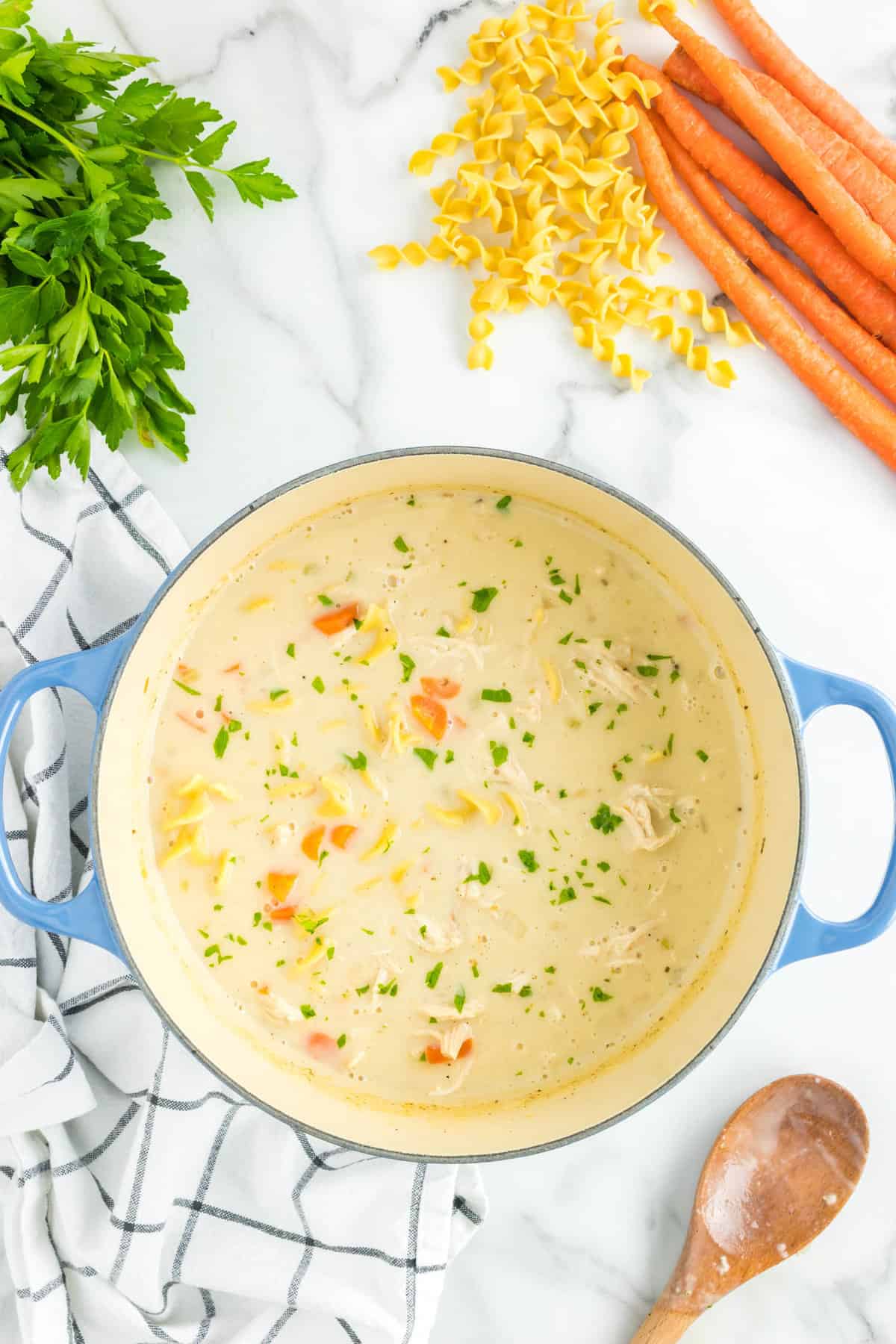 Creamy Chicken Noodle Soup Recipe in Stock Pot Ready to Enjoy