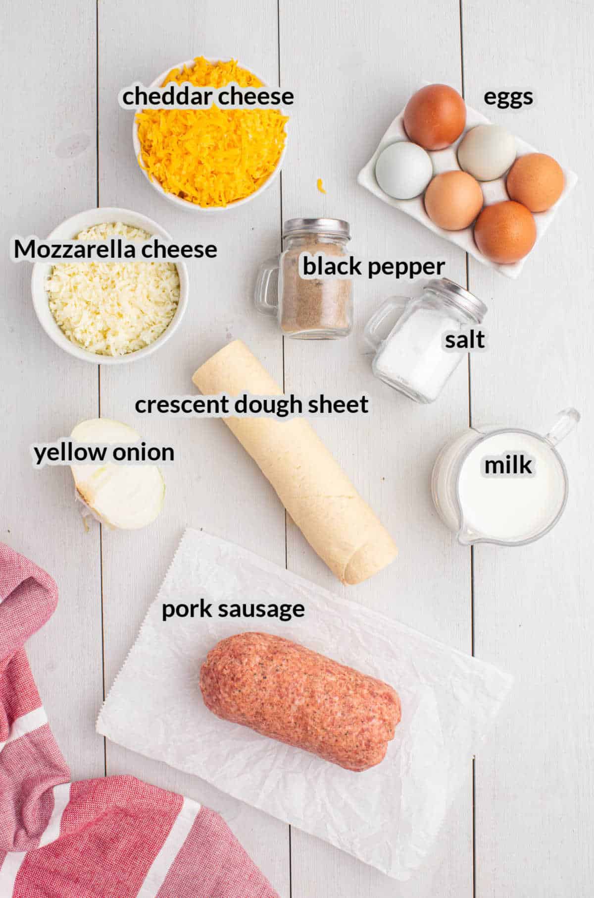 Overhead Image of Crescent Roll Breakfast Casserole Ingredients