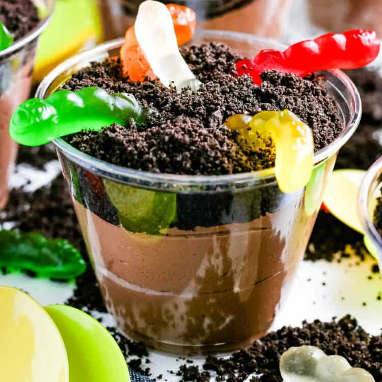 Dirt cup topped with gummy worms