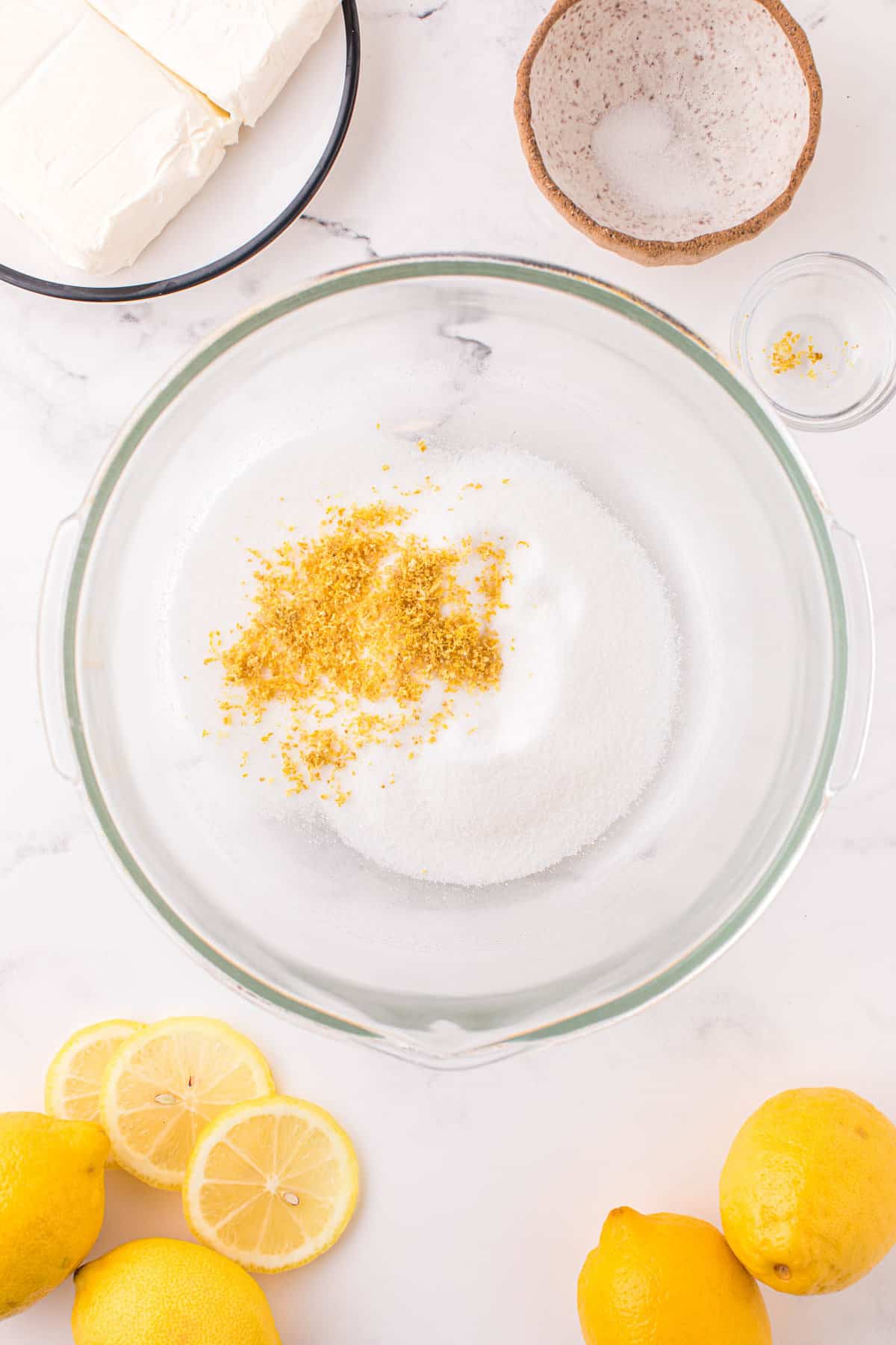 Lemon Meringue Cheesecake Recipe in Clear Mixing Bowl