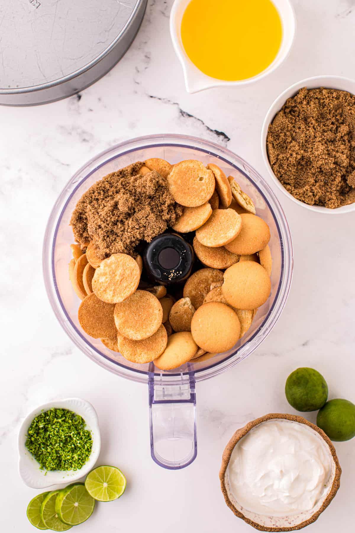 Preparing Crust for No Bake Key Lime Cheesecake in Food Processor