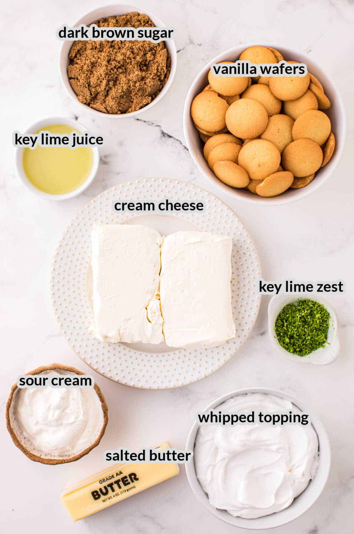 Overhead Image of No Bake Keylime Cheesecake Ingredients