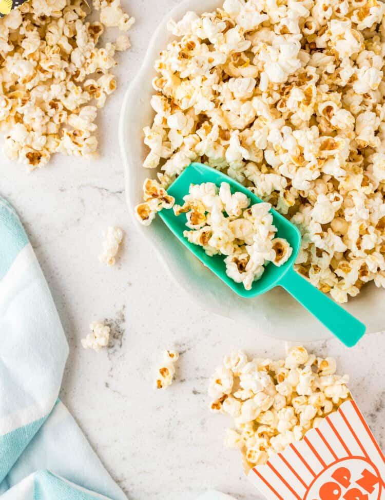 Best Stovetop Popcorn with Scoop in Bowl Ready to Enjoy