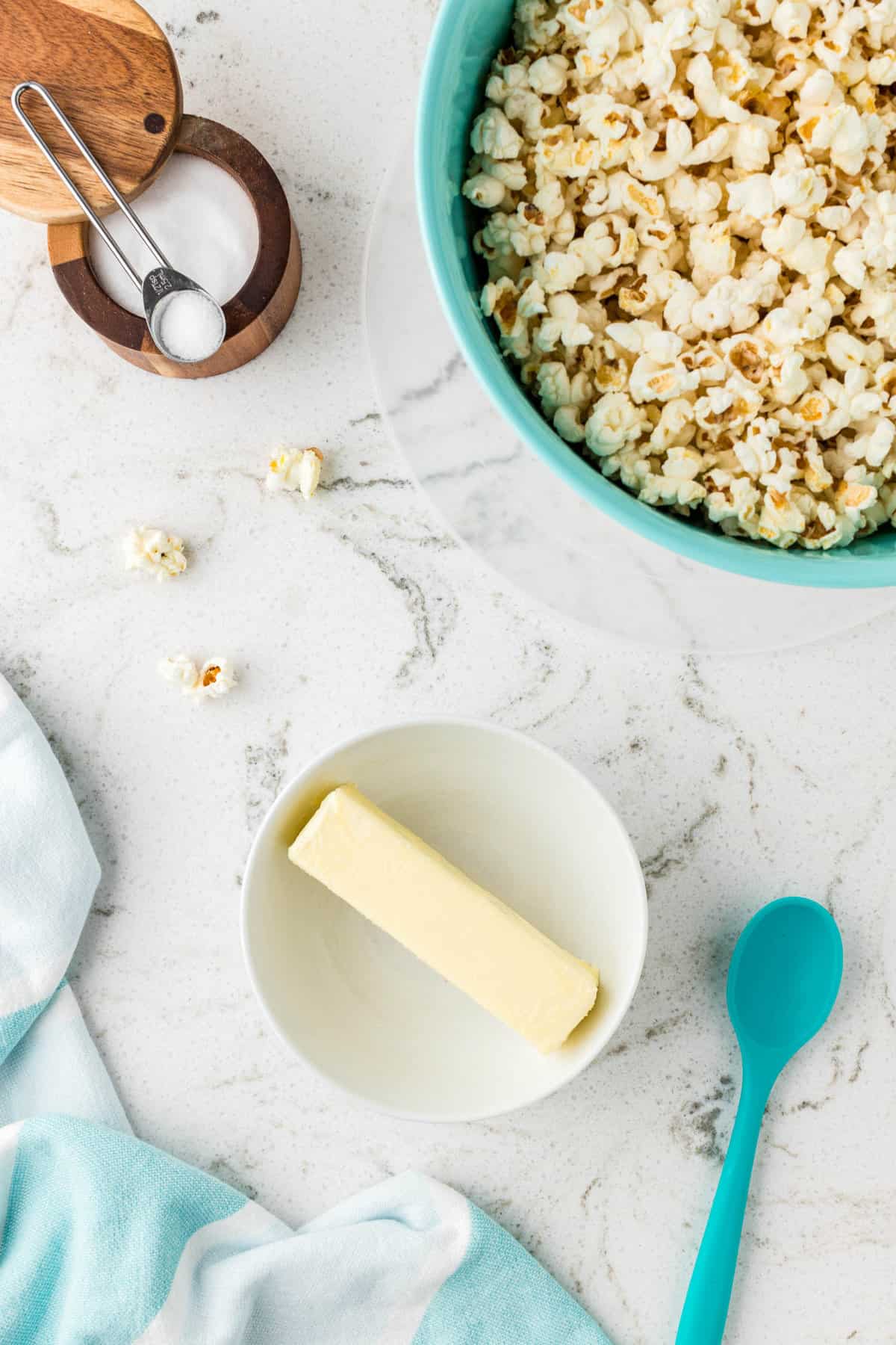 Unsalted Stick of Butter in Bowl Ready for Melting for Stovetop Popcorn