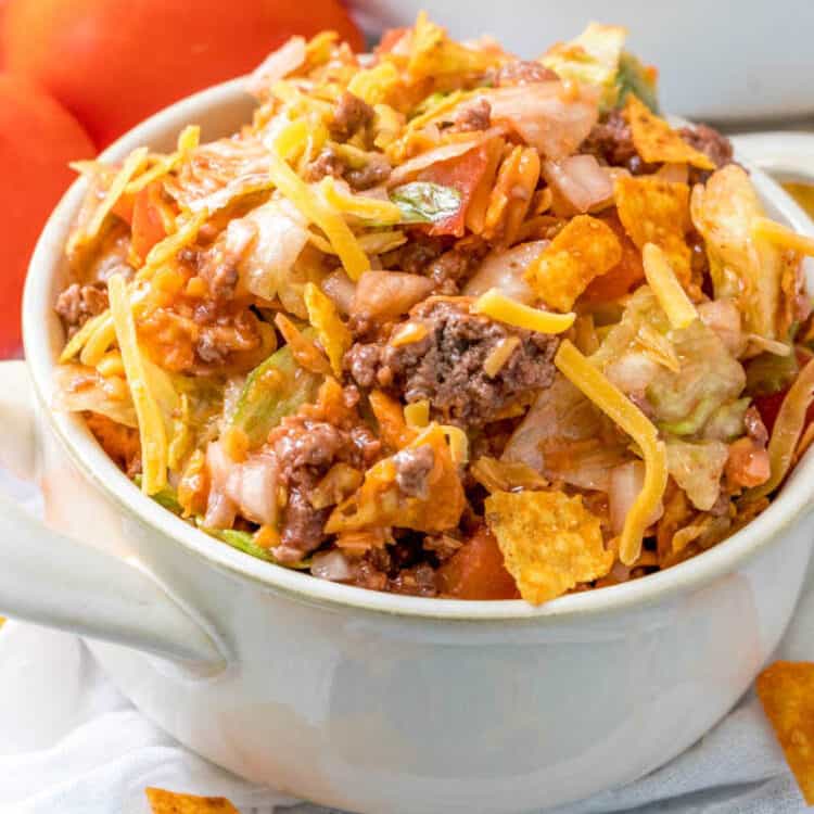 White bowl with Dorito Taco salad