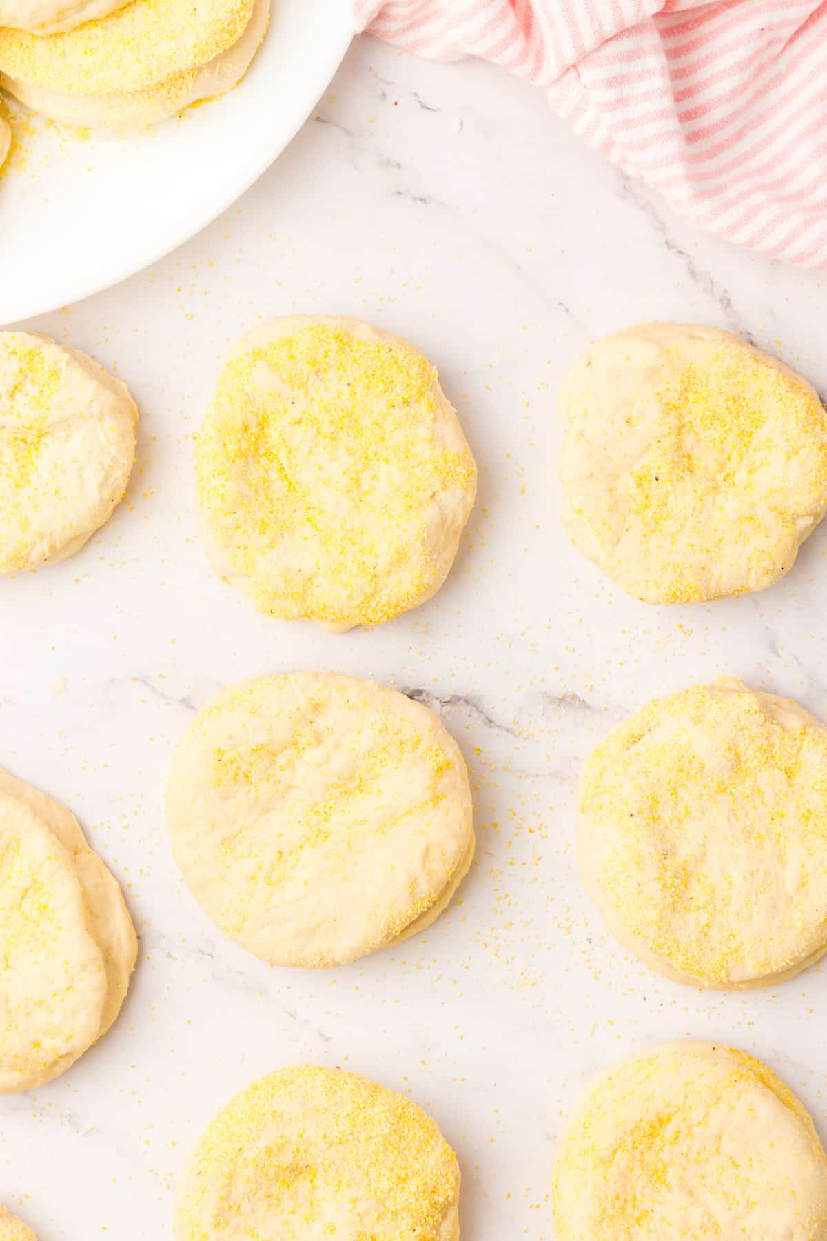 Corn Meal Coated English Muffin Dough Discs