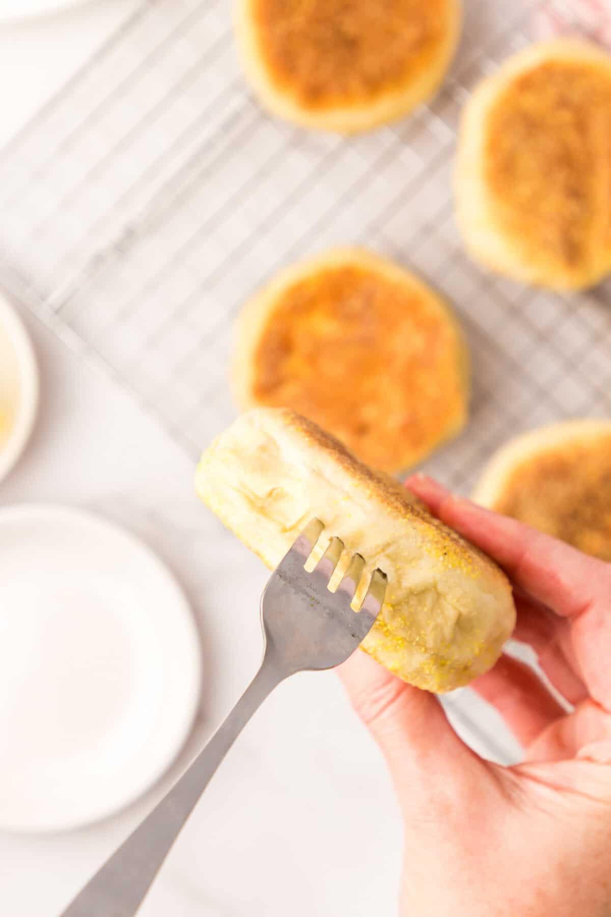 Using a Fork to Perforate the English Muffins