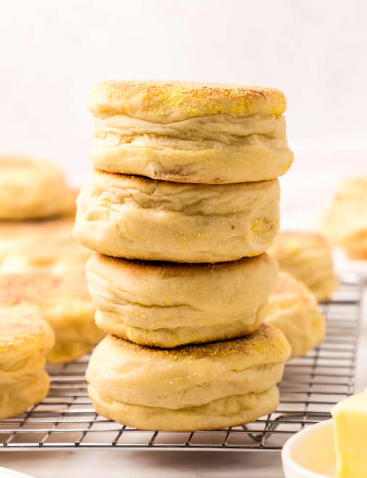 Homemade English Muffins Stacked on Cooling Rack Ready to Enjoy