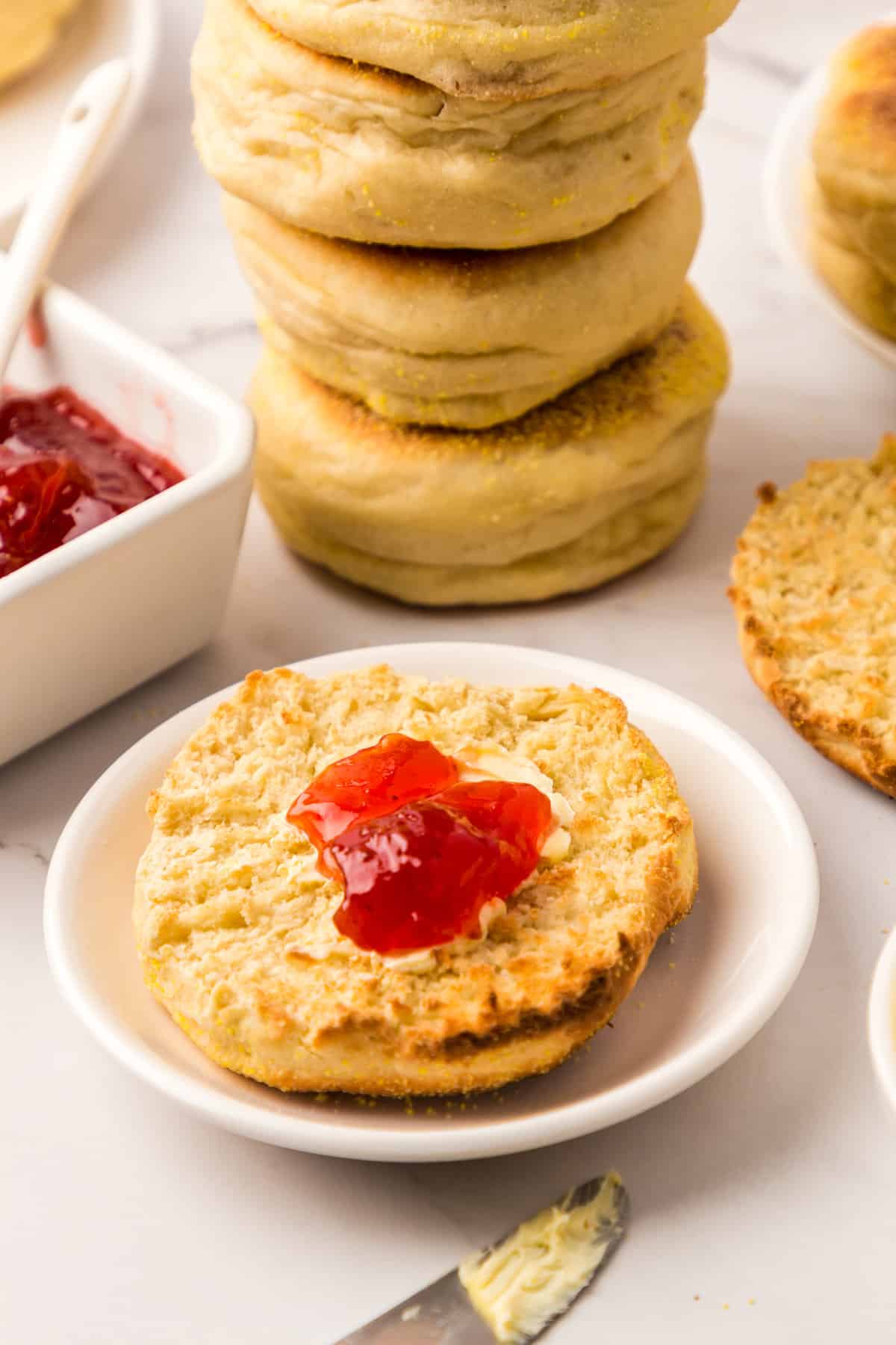 A Dollop of Jam on Homemade English Muffins
