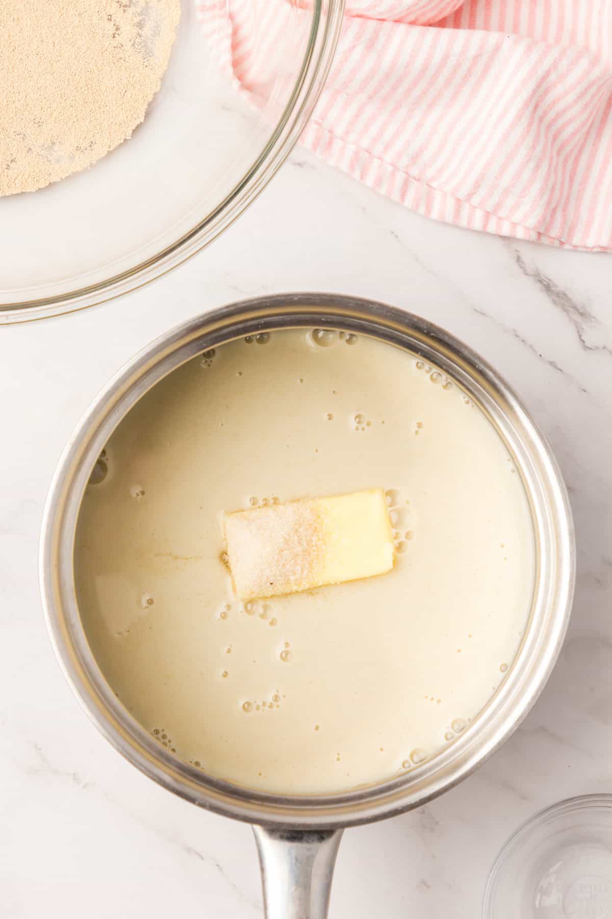 Milk, Butter, and Sugar in Saucepan for English Muffins