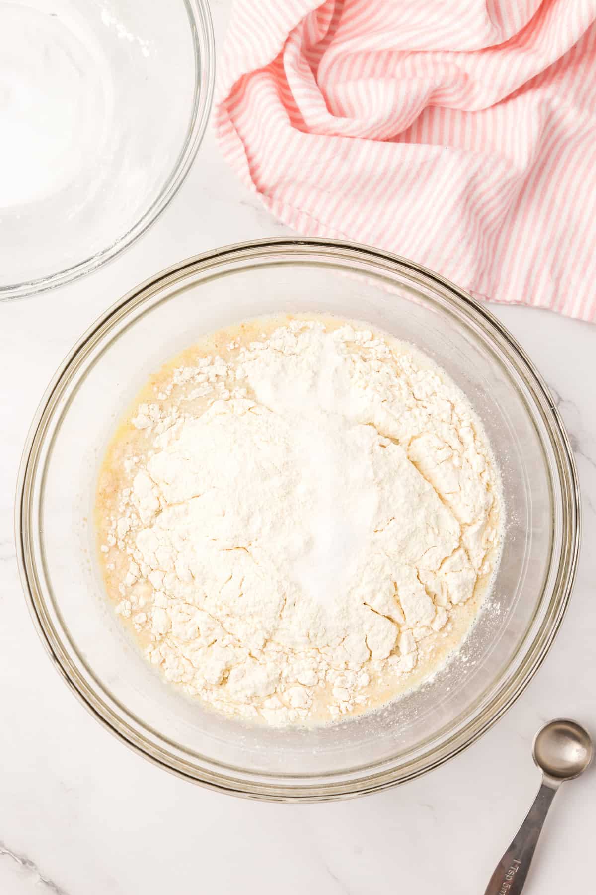 Adding Flour & Salt to the Dough Mixture for English Muffin Recipe