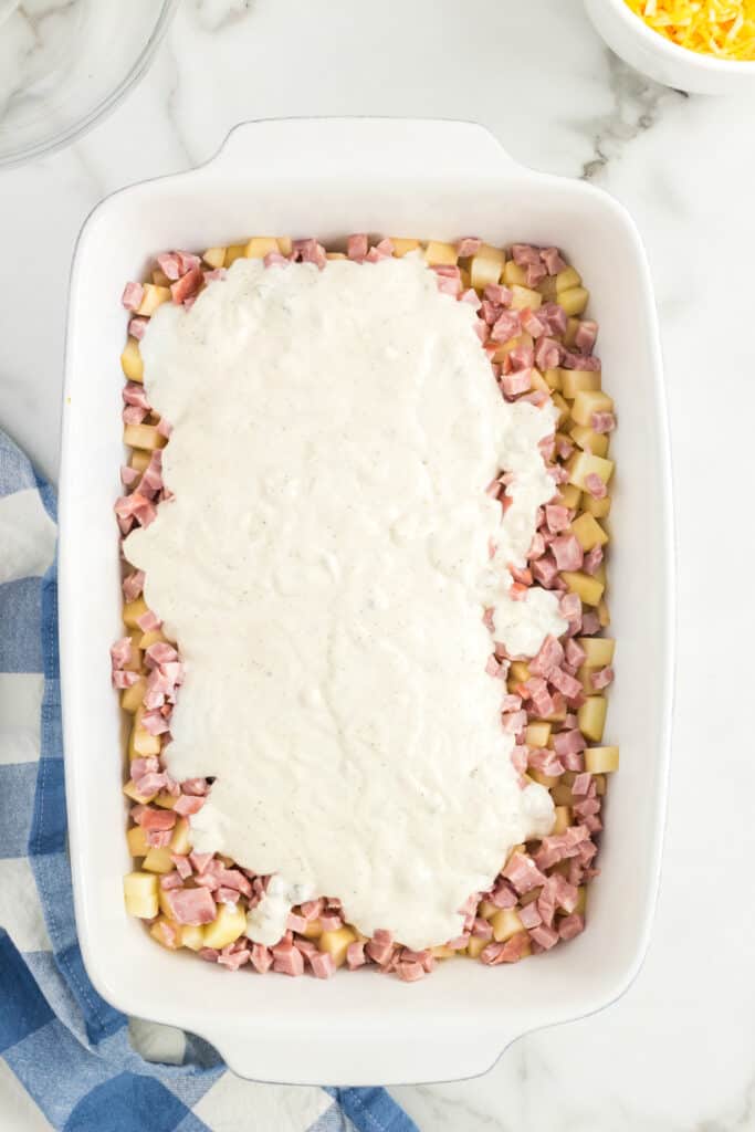 Leftover ham casserole in baking dish