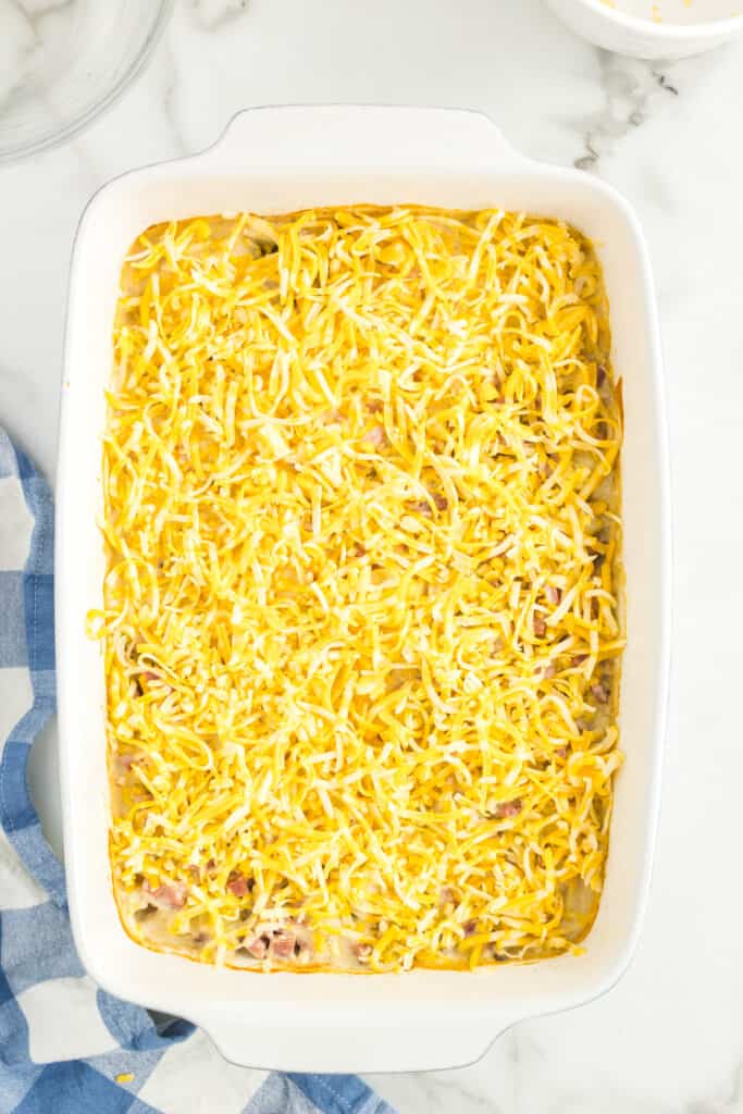 Ham and Potato casserole in dish before baking