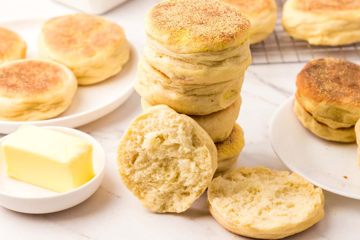 Homemade English Muffins Sliced and Ready to Lather in your Favorite Toppings