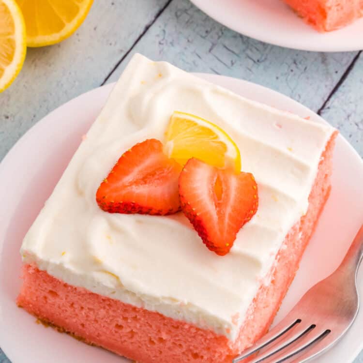 Piece of Strawberry Lemon Cake on white plate