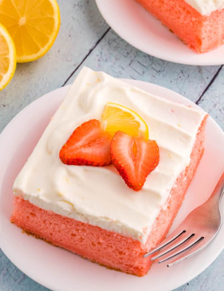 Piece of Strawberry Lemon Cake on white plate