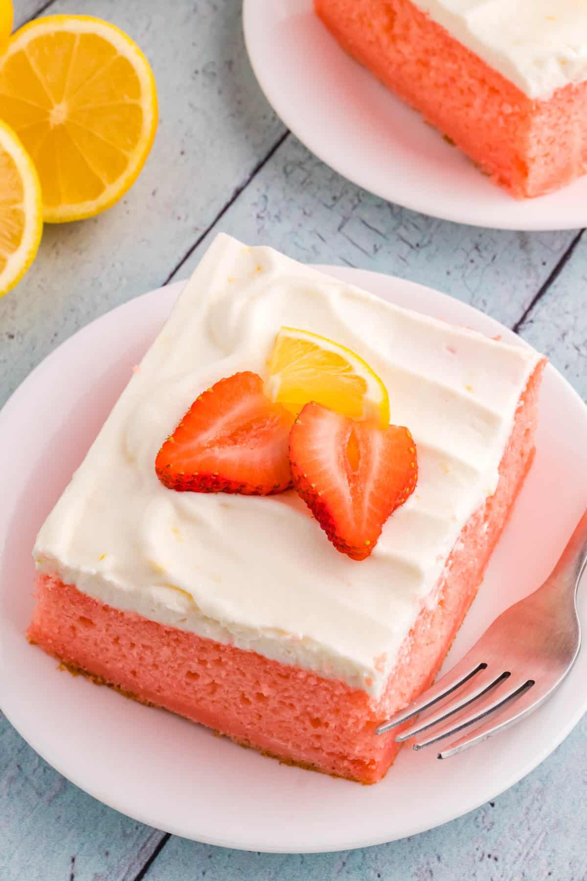 Piece of Strawberry Lemon Cake on white plate