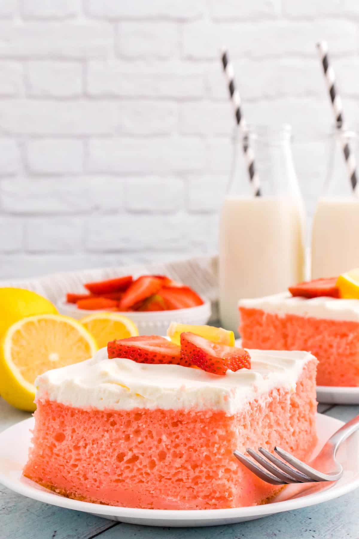 Strawberry Cake with Lemon Frosting Plated and Ready for the First Bite