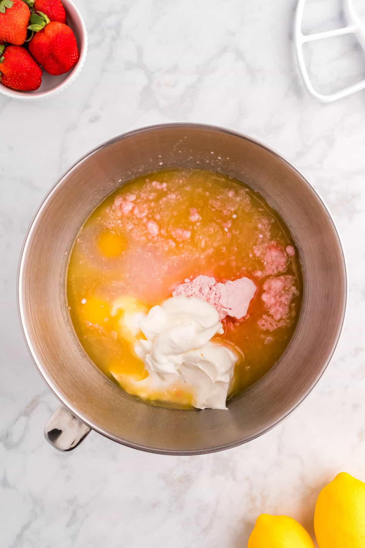 Mixing Batter Ingredients for Strawberry Lemon Cake