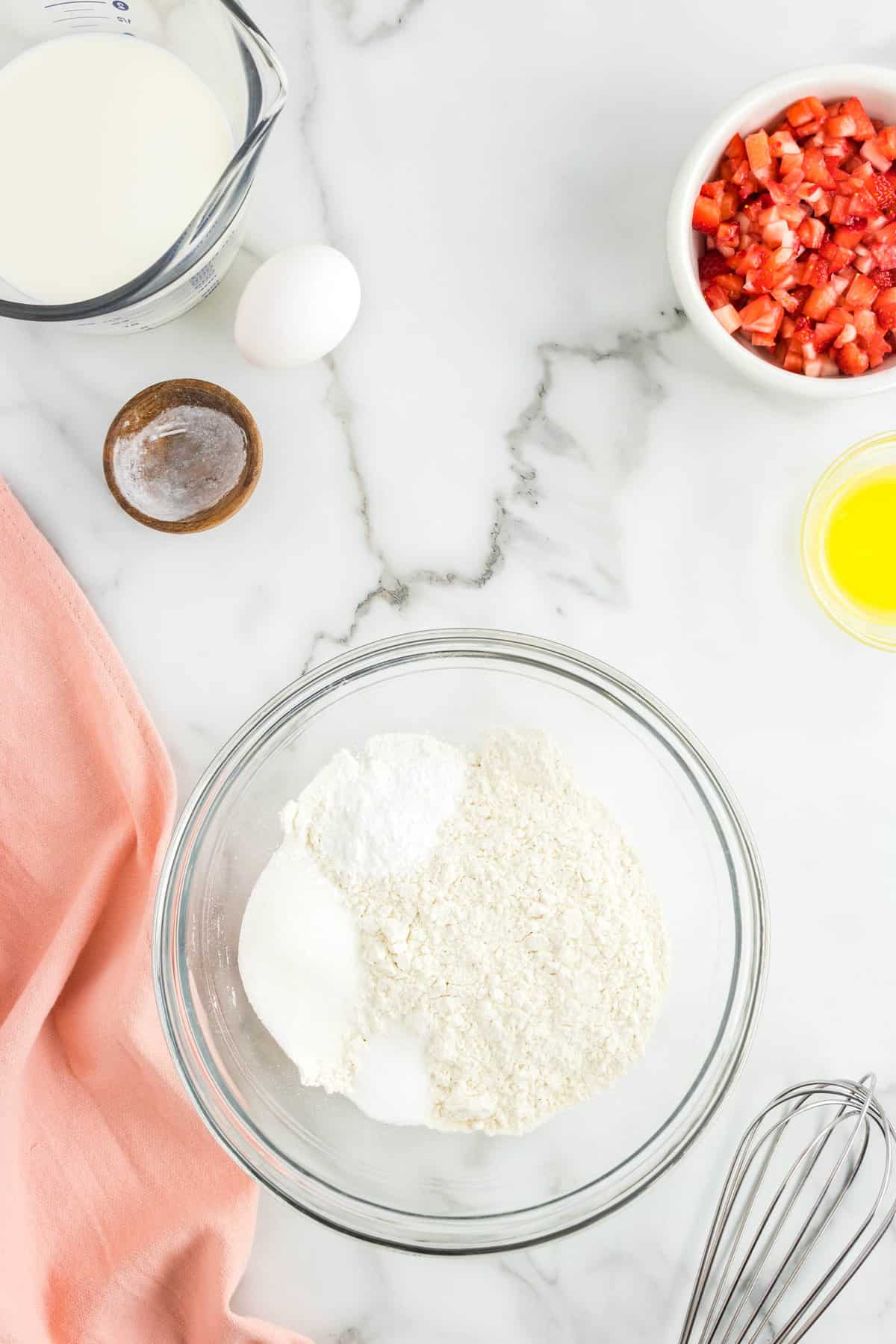 Mixing Dry Ingredients in Bowl for Strawberry Pancake Batter