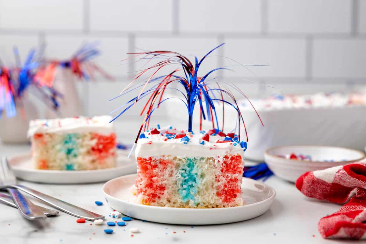Red White and Blue Jello Cake on Plate with 4th of July Streamers