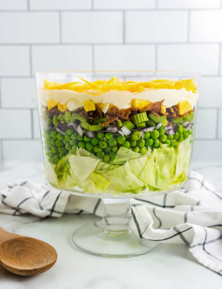 Glass Trifle Bowl with 7 Layer Salad in it