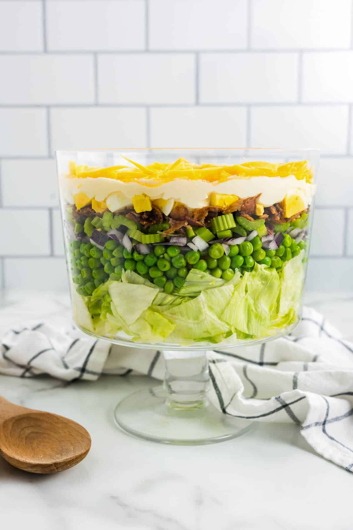 Glass Trifle Bowl with 7 Layer Salad in it