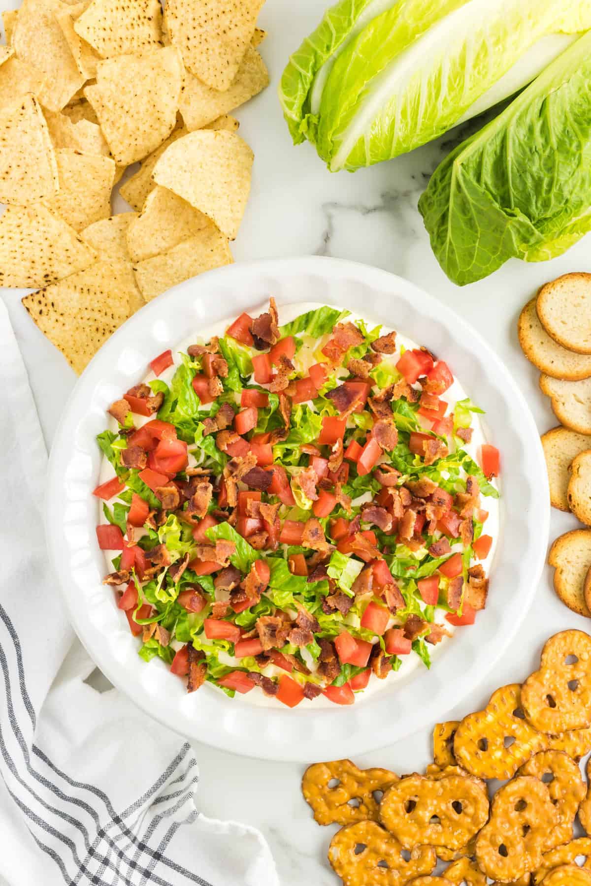 Cold BLT Dip in Shallow Serving Dish with a Variety of Dippers