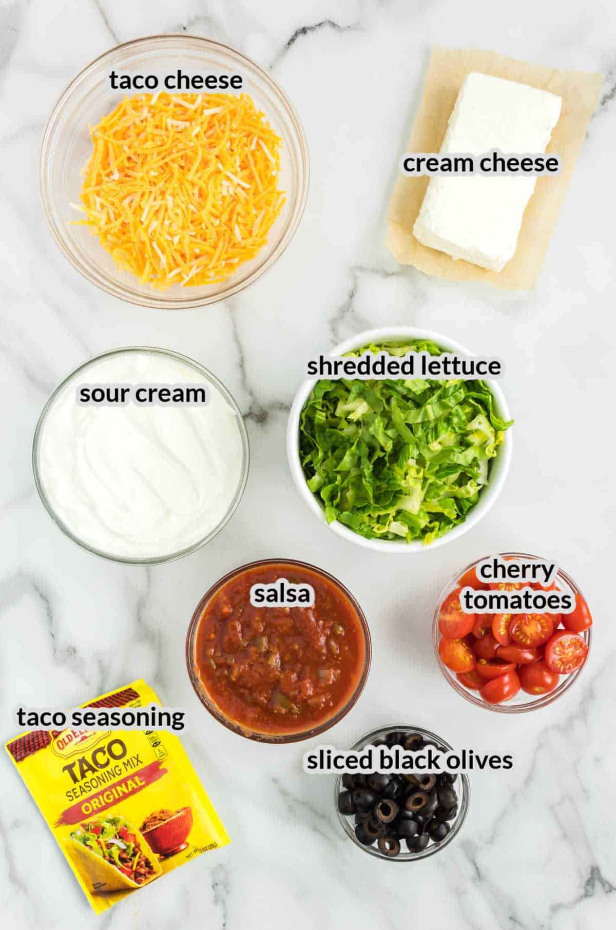 Overhead Image of Easy Taco Dip Ingredients